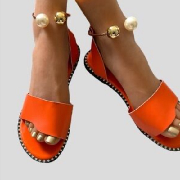 Orange Gold & Peal Bead Ankle Cuff Flat Sandals Size: 42 - Picture 12 of 14